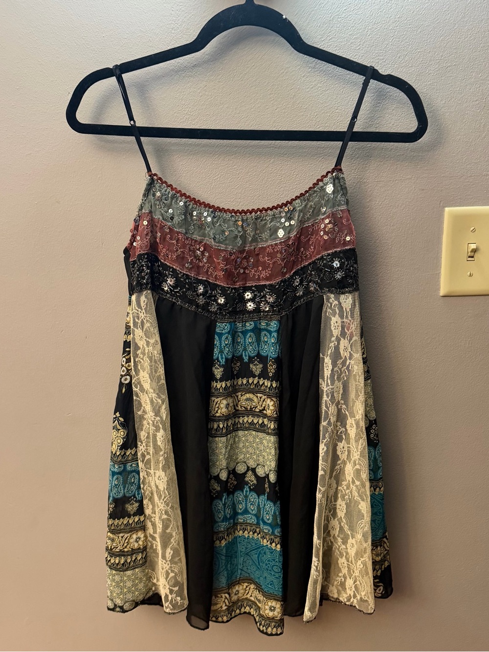 Y2K Boho Patchwork Sequin Lace Trimmed camisole tank top